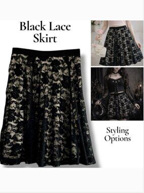 Whimsigoth Black Lace Skirt A-line Small nude lining Gothic Coquette STUDIO 253